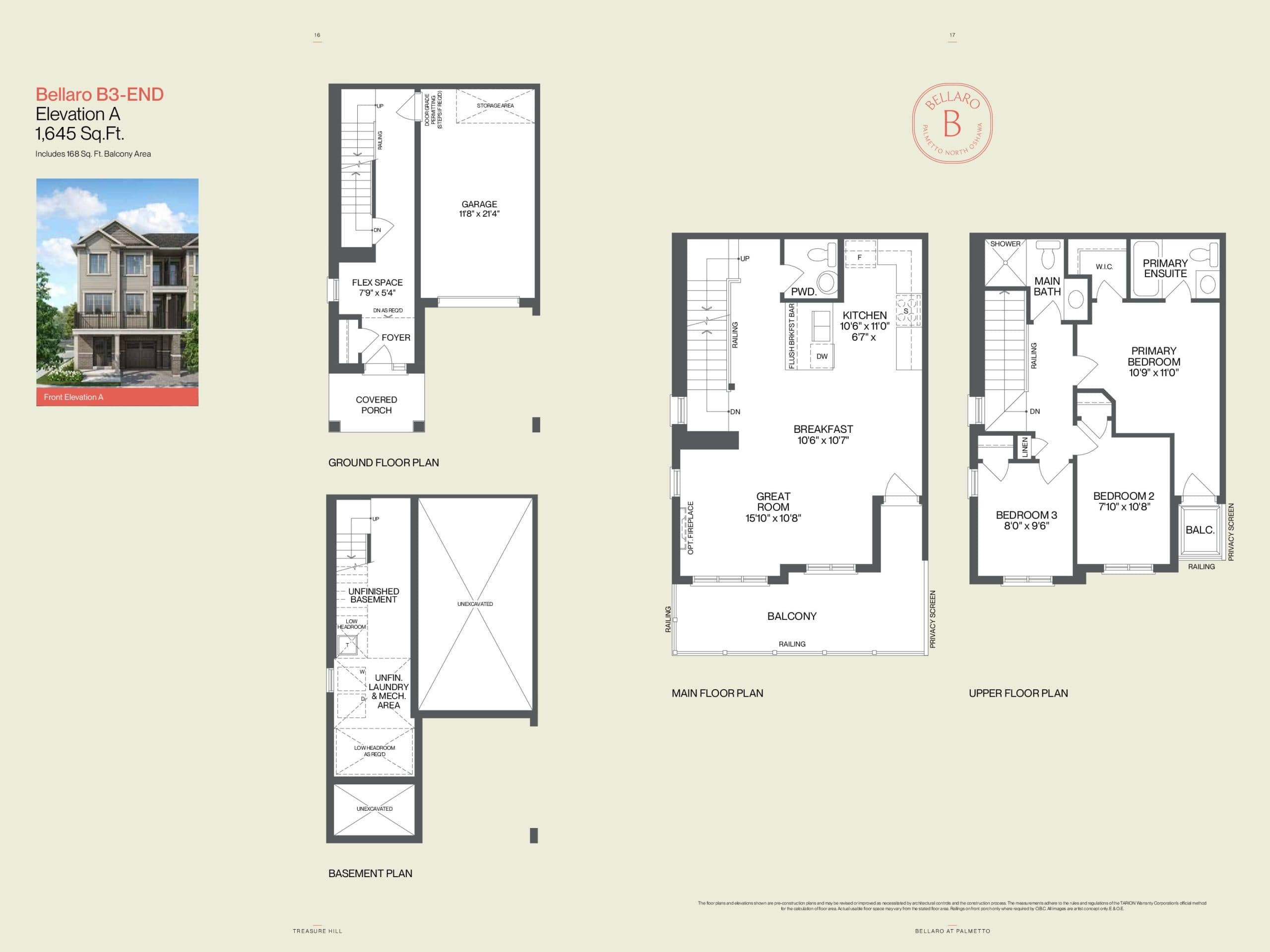 Bellagio B3 (End) Floor Plan at Bellaro at Palmetto by Treasure Hill - 1645 sq.ft