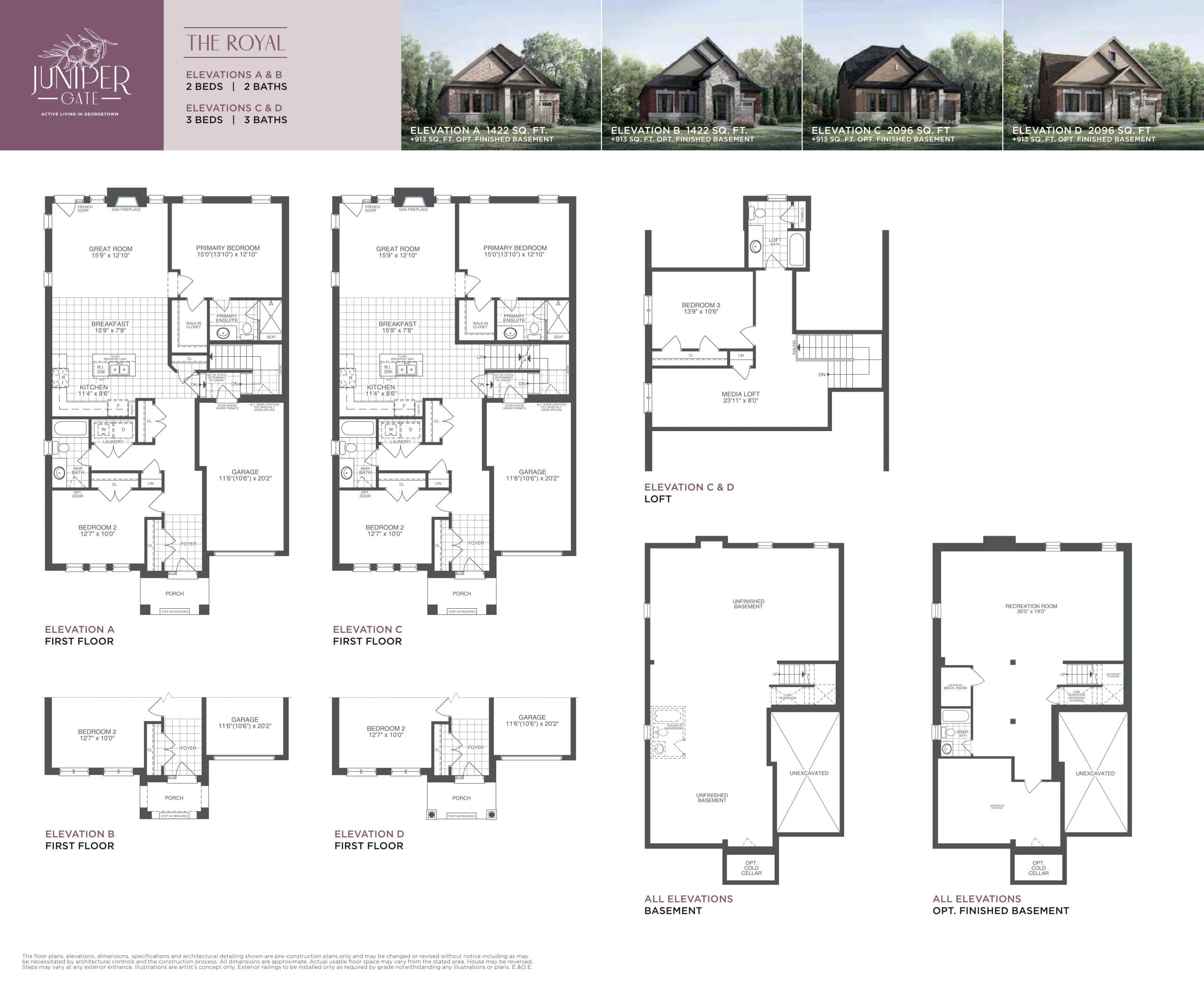The Royal Elevations A & B (The Bungalow Collection) Floor Plan at Juniper Gate Towns - 1422 sq.ft